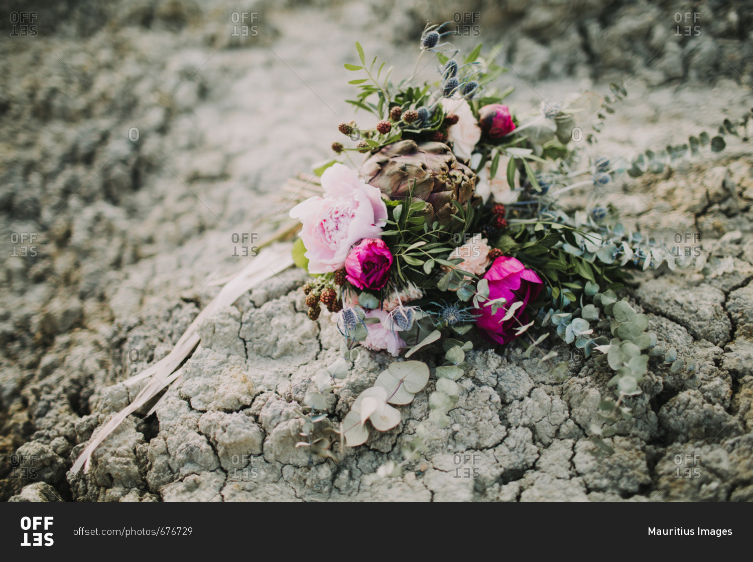 Bouquet of flowers lies on dry ground
