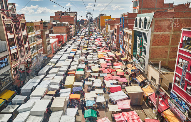 December 10, 2017: Elevated view of street market, El Alto, La Paz, Bolivia, South America