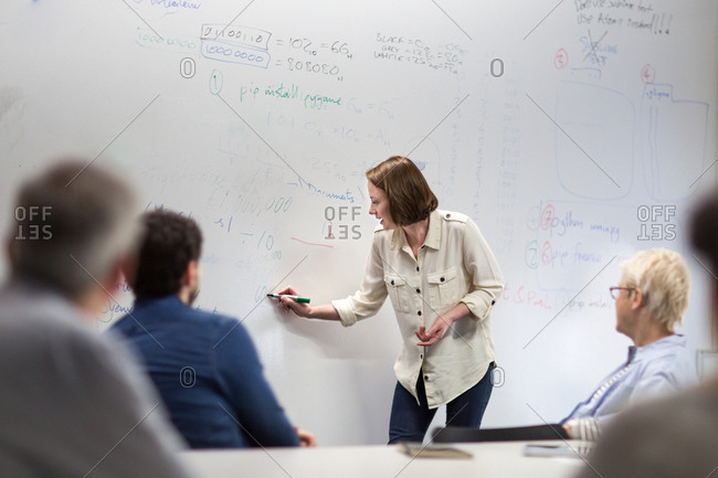 Teacher using white board in adult education course