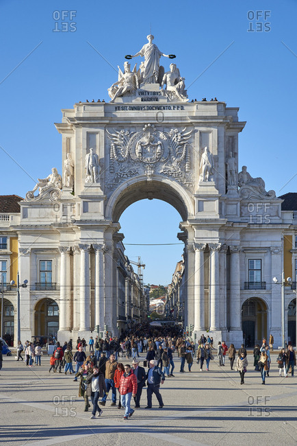 Lisbon, Portugal - 20 February, 2016: Visitors walking through the Rua Augusta Arch on the Praca do Comercio
