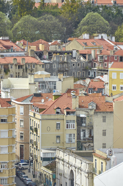 Lisbon, Portugal - 02 April, 2015: High angle view of densely packed residential buildings in downtown area