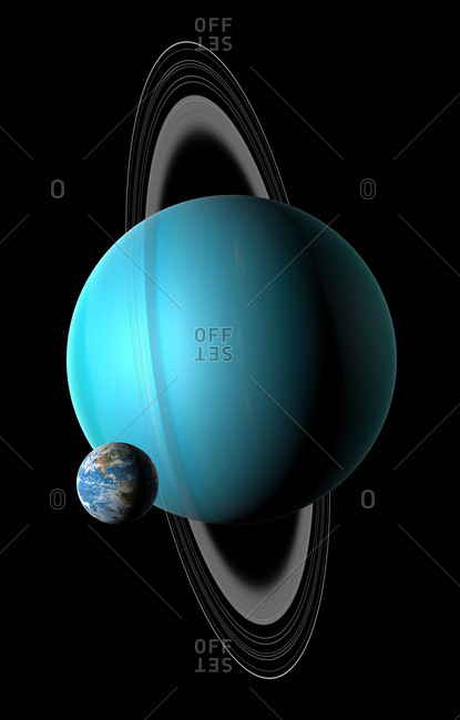 Illustration comparing the size of Earth (left) with the planet Uranus. Uranus is the seventh planet from the Sun, with an average distance from it of 19.2 times the Earth-Sun distance. A fluid world of mostly hydrogen and helium, it is rich in ices of me