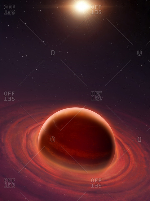 Illustration of the formation of a gas giant planet. The planet is in the center, still growing. A concentric disc surrounds it, inside of which the natural satellites are forming via the process of accretion. The Sun is at the top, itself still contracting.