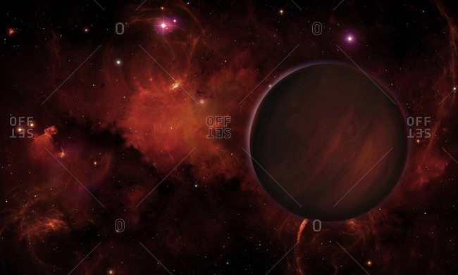 Illustration of a free-floating planet. These planets are odd in that, unlike most extra solar objects, they do not seem to be in orbit around a star - they are free-floating planets drifting between the stars and galaxies. Free floating planets such as these may result from being ejected from a protoplanetary disc due to gravitational perturbations from other massive objects. This planet has cloud bands like those of the gas giant Jupiter.