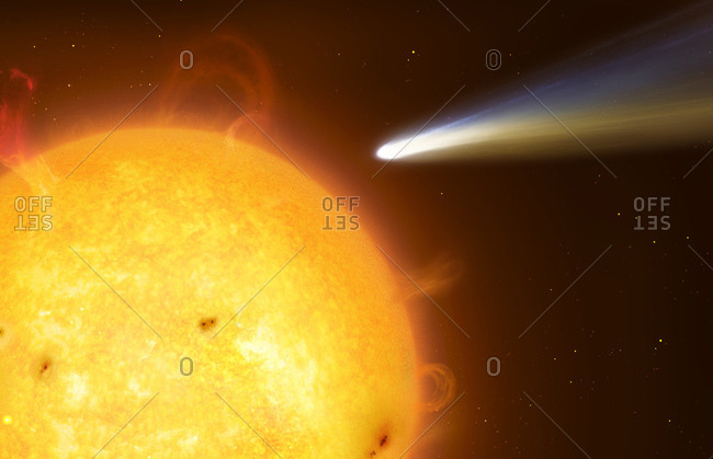 Illustration of a sun grazing comet. These are comets that pass very close to the Sun at perihelion. Sometimes they can skirt above the photosphere at distances of just a few thousand kilometres - the mere diameter of a small planet. Occasionally comets are completely evaporated in this process, but some can last several passes before either falling into the Sun or disintegrating because of tidal forces.