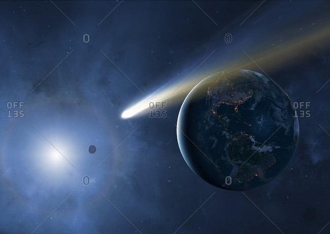 Illustration of the Earth, Moon and Sun showing a passing comet. Cities are seen glistening, defining the edges of the Earth\'s continents. Comets are balls of loosely packed \'dirty ice\'. As they near the Sun, their gases sublimate and form long tails blus