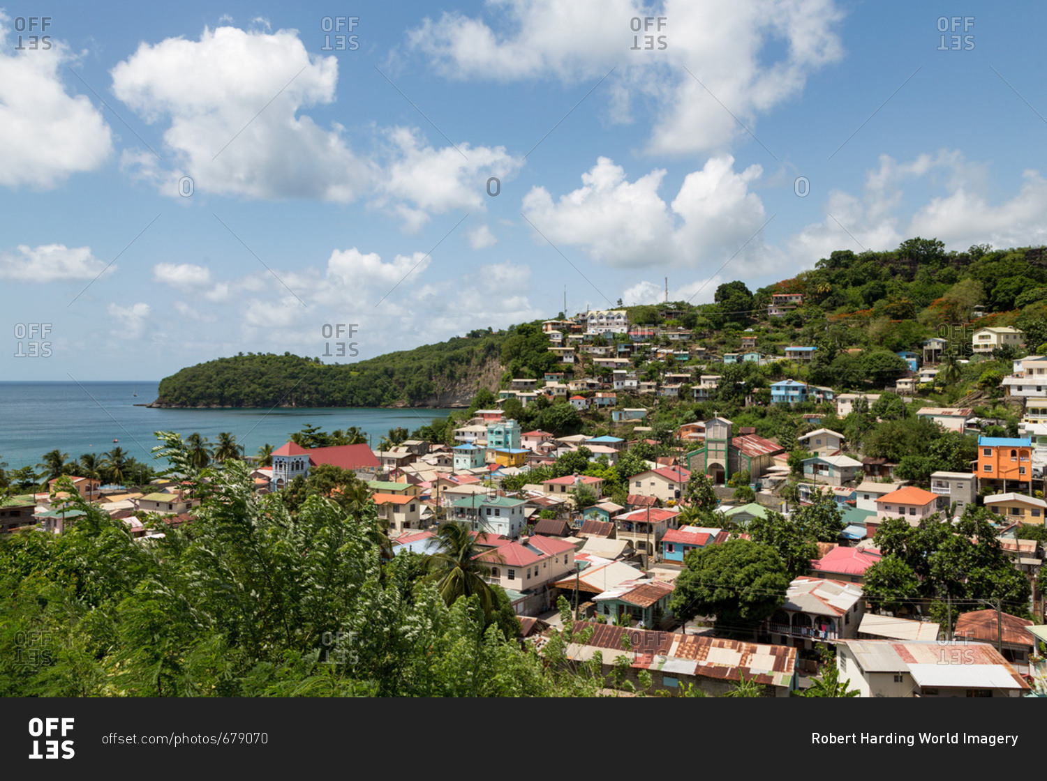 The small town of Canaries, with Canaries Bay beyond, St. Lucia, Windward Islands, West Indies Caribbean, Central America