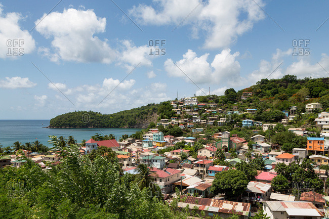 The small town of Canaries, with Canaries Bay beyond, St. Lucia, Windward Islands, West Indies Caribbean, Central America