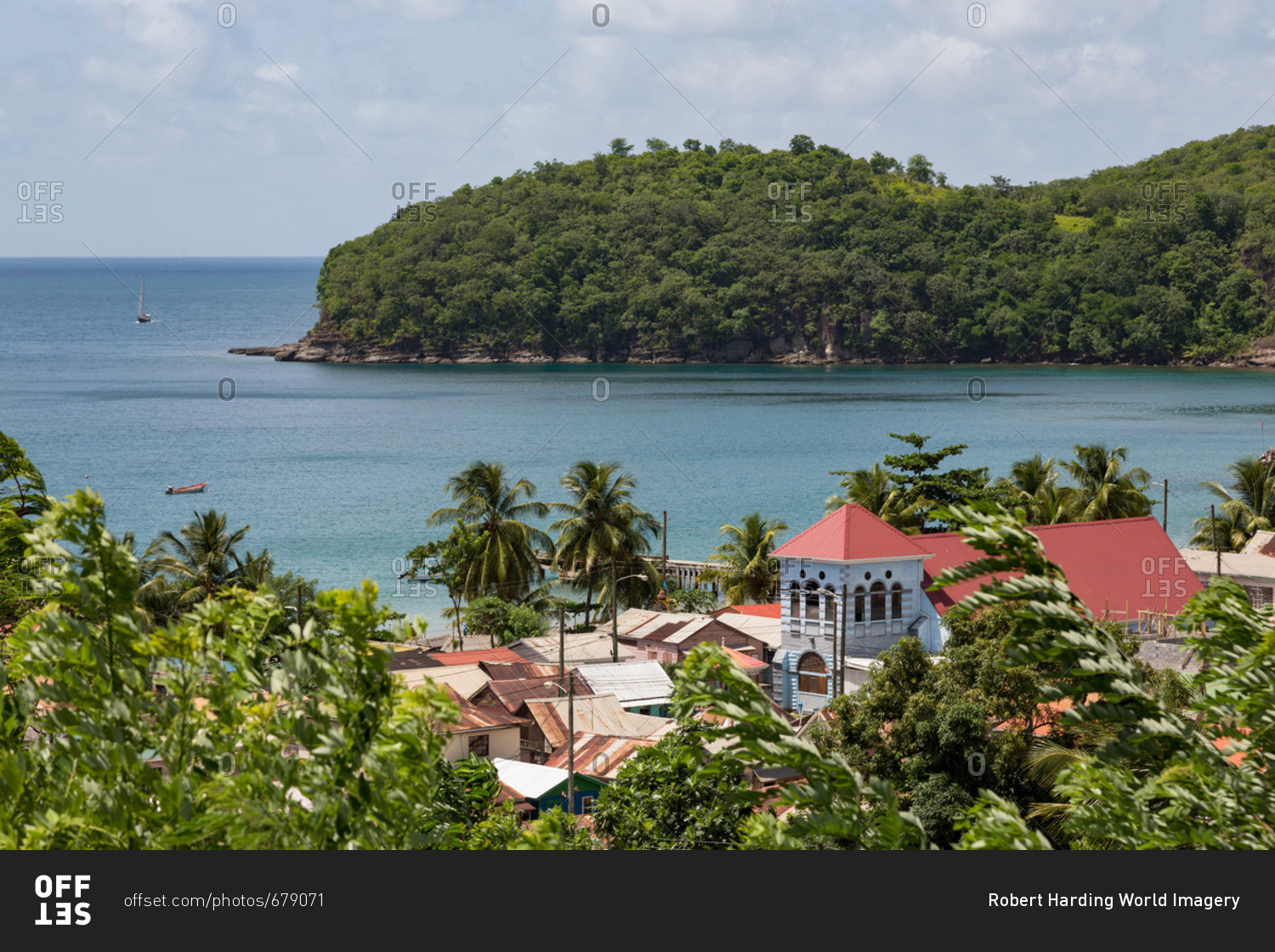 Church in the small town of Canaries, with Canaries Bay beyond, St. Lucia, Windward Islands, West Indies Caribbean, Central America
