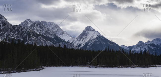 Panoramic winter landscape of the Canadian Rocky Mountains at the Lower Kananaskis Lake, Alberta, Canada, North America