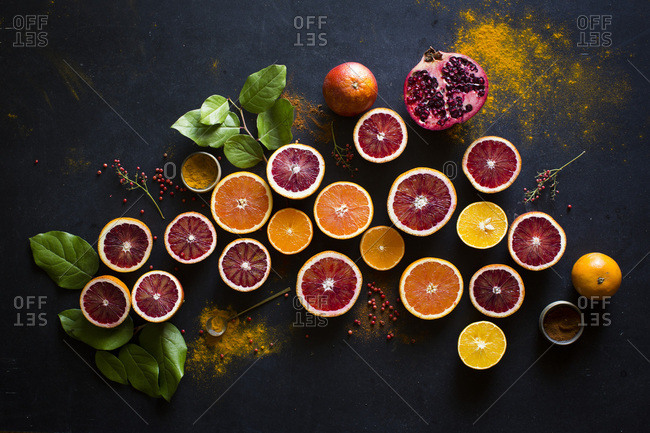Variety of fruits on dark background