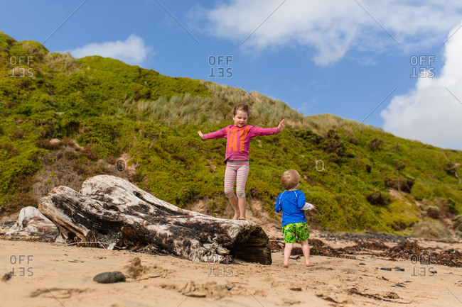 Children playing on driftwood at beach
