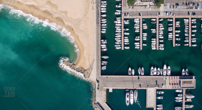 Aerial views of a fishing port in the Mediterranean. Photograph of Blanes on the Costa brava in summer