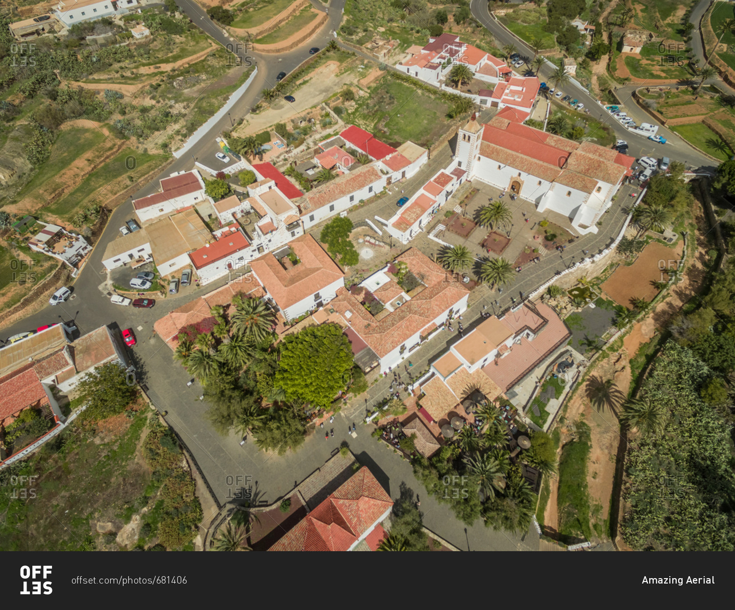 Aerial view of the small  Betancuria village and its Santa Maria Church in Fuerteventura, Canary Islands.