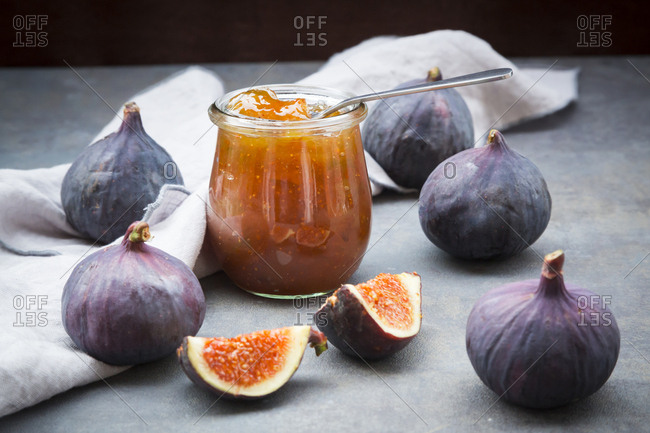 Organic figs and a glass of fig jam