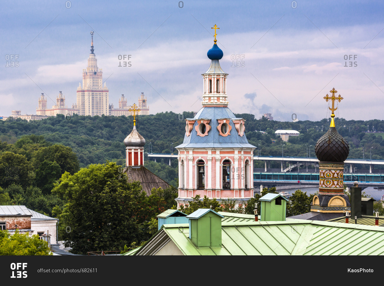 The domes of St. Andrew\'s Monastery and, on the left, the Moscow State University (one of the Seven Sisters, constructivist style), Russia