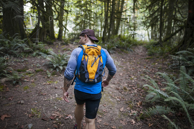 Man trail running in forest near Elbow Lake in Fraser Valley, Harrison Mills, British Columbia, Canada