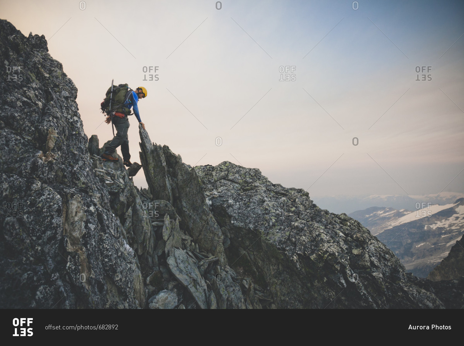 Side view of person mountaineering on Ashlu Mountain in Coast Mountain Range of British Columbia, Canada