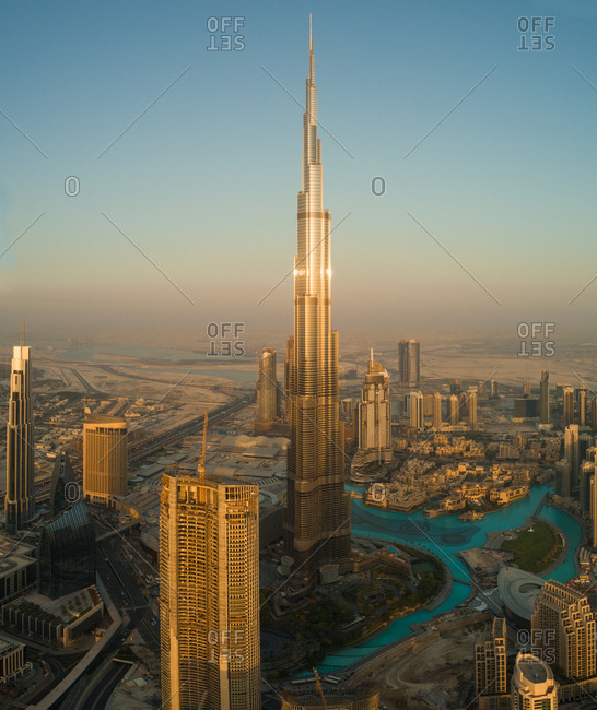 Dubai, UAE - June 17, 2017: Aerial view of bright Burj ...