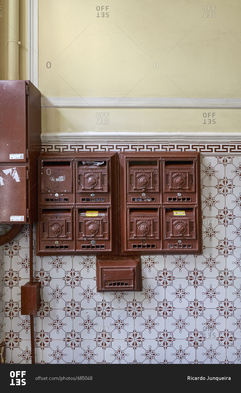 Lisbon, Portugal February 14, 2015 Mailboxes on a tile wall in a