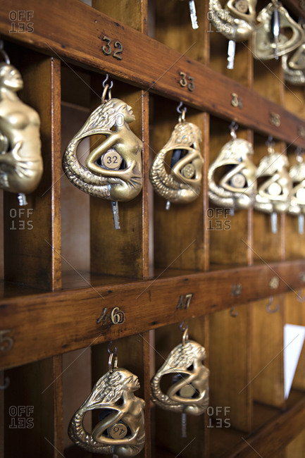 Keys to hotel rooms shaped like mermaids