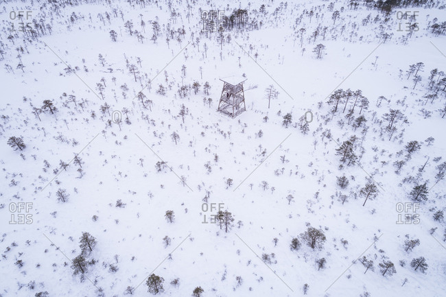 Aerial view of nordic landscapes covered with snow, Estonia