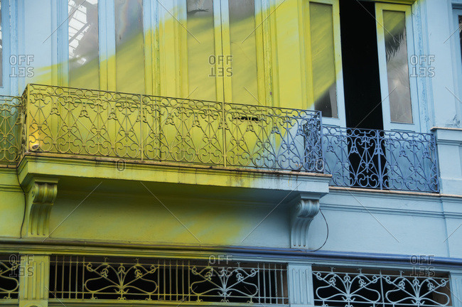 April 6, 2018: A Blue Building With A Painted Yellow Streak Across It In The Lapa Neighborhood; Rio De Janeiro, Brazil