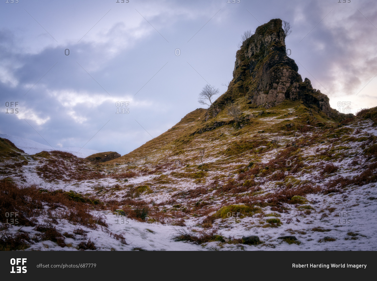 The Castle in the Snow, Fairy Glen, Isle of Skye, Inner Hebrides, Scotland, United Kingdom, Europe