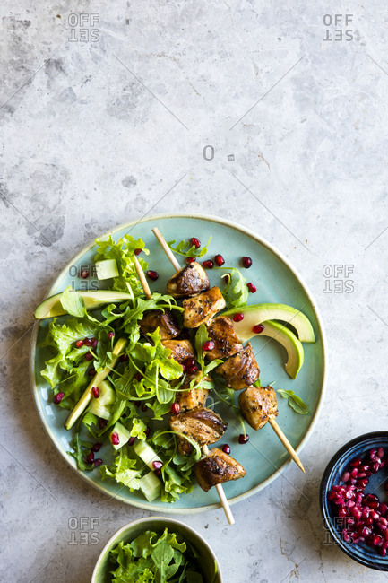 Barbecue chicken kebab with a salad
