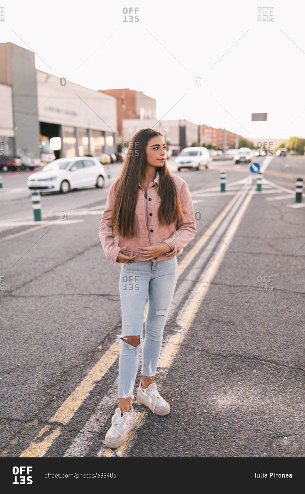Portrait Of Young Latina Girl Standing On The Street At Sunset Stock 