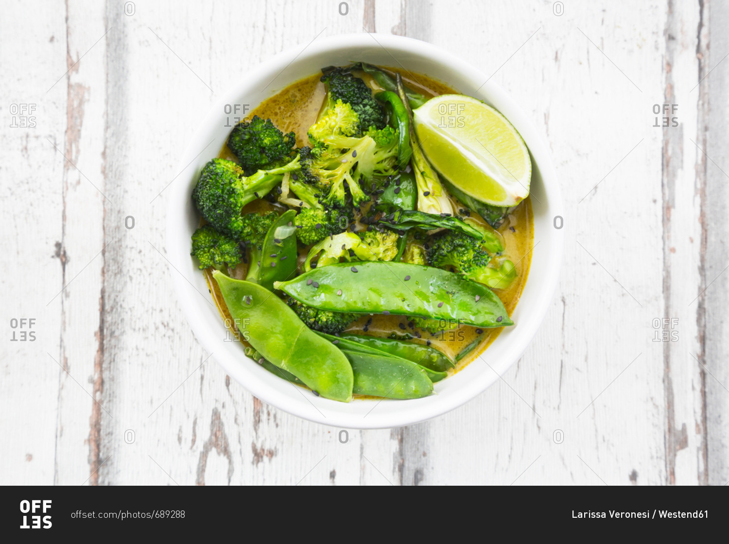 Green thai curry with broccoli- pak choi- snow peas- baby spinach- lime and rice
