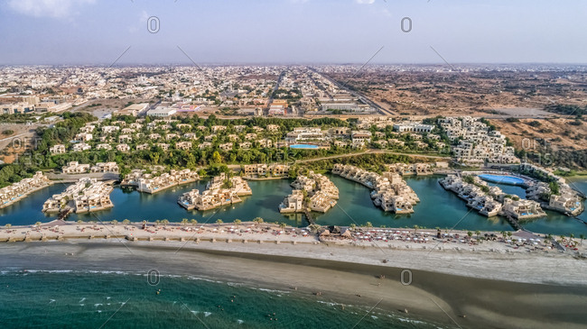 Dubai, United Arab Emirates - October 6, 2017: Aerial view of a resort area on the coast