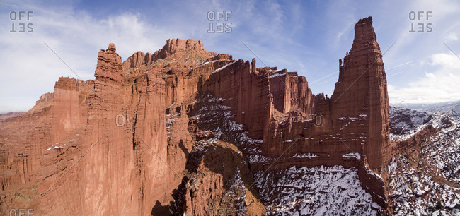 USA, Utah, Moab, Aerial view of cliffs at Fisher Towers on winter afternoon