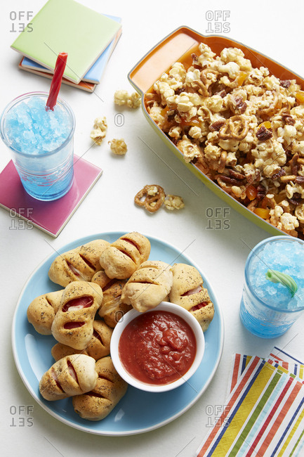 High angle view of children's party snacks