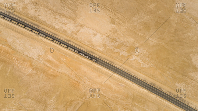 Aerial view of Etihad Rail in the middle of the desert in Abu Dhabi, U.A.E.