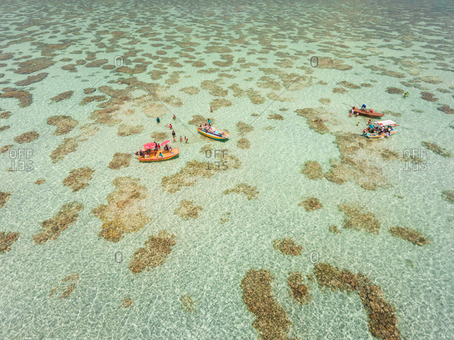 Aerial view of people swimming  and eating on Jangadas, traditional small fishing boats in Rio do Fogo, Brazil.