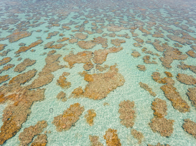 Aerial view of the transparent turquoise sea in Rio do Fogo, Brazil.