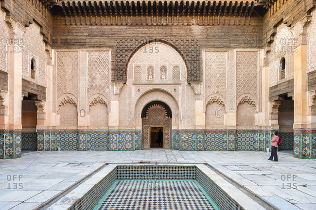 December 13, 2016: Ornate courtyard of Ben Youssef Madrasa college, Marrakesh, Marrakesh-Safi, Morocco