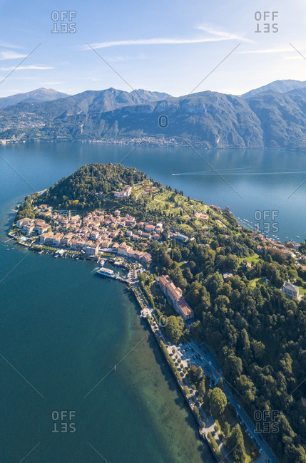 Panoramic aerial view of Bellagio on green promontory surrounded by Lake Como, Province of Como, Lombardy, Italian Lakes, Italy, Europe (Drone)