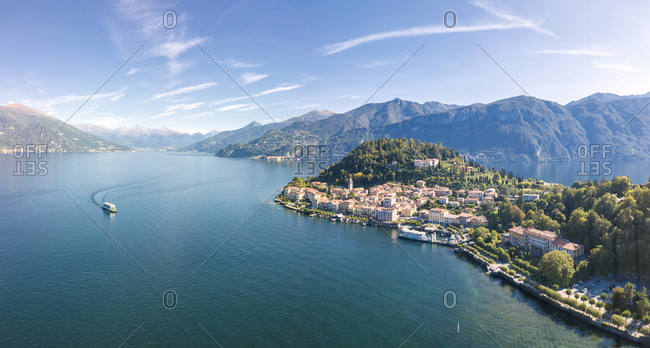 Panoramic aerial view of Lake Como and the village of Bellagio, Province of Como, Lombardy, Italian Lakes, Italy, Europe (Drone)