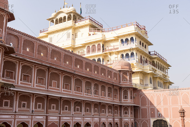 Jaipur, India - 29 June, 2012: Close up of the ornate facade of the Chandra Mahal at the City Palace