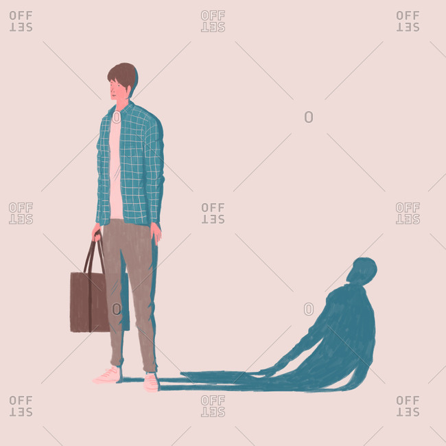 Young man with long shadow holding a portfolio bag