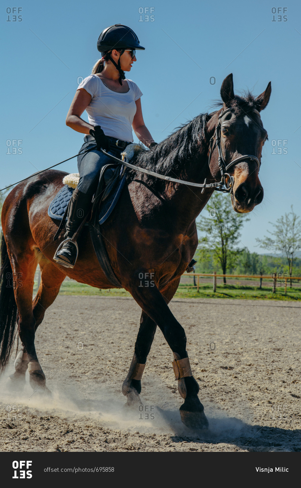 Young woman riding a horse in equestrian center on a sunny day