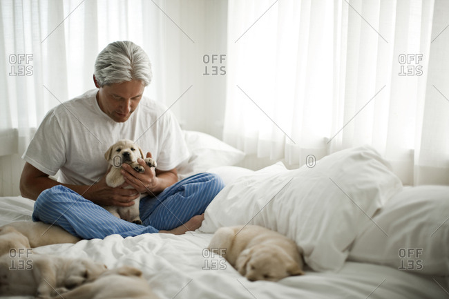 Man sits cross-legged with puppies on a bed
