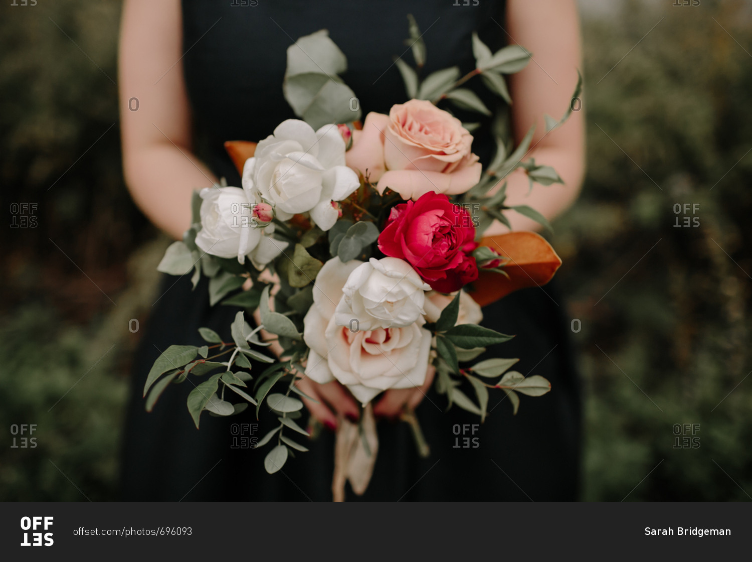 Bridesmaid holding bridal bouquet with red, white, and pink roses