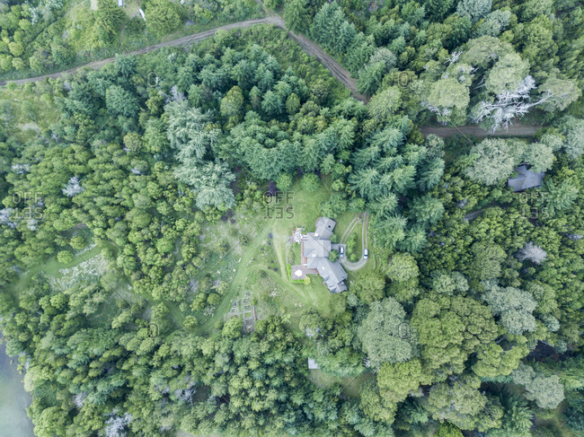 Overhead view of private residential property in South American forest