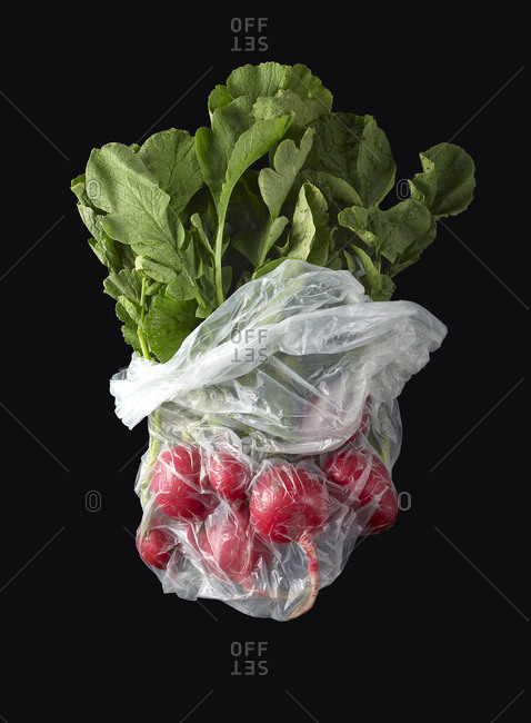 Bunch of radishes in plastic bag