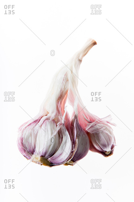 Minimalistic composition with fresh garlic on white background