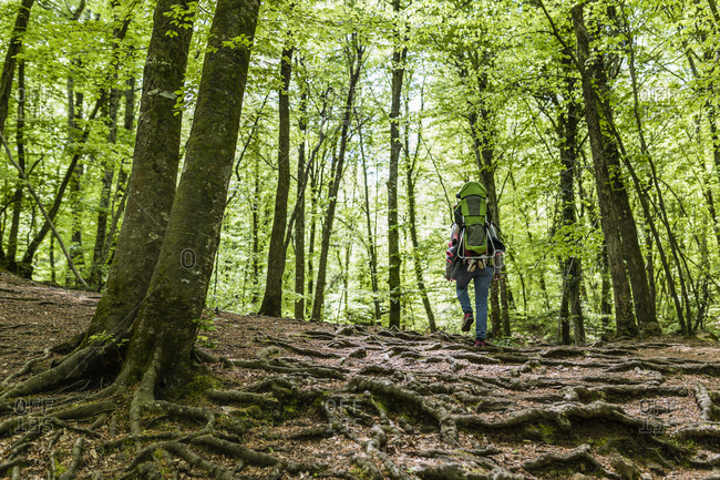 Mother and child hiking on a mountain trail on a sunny spring day