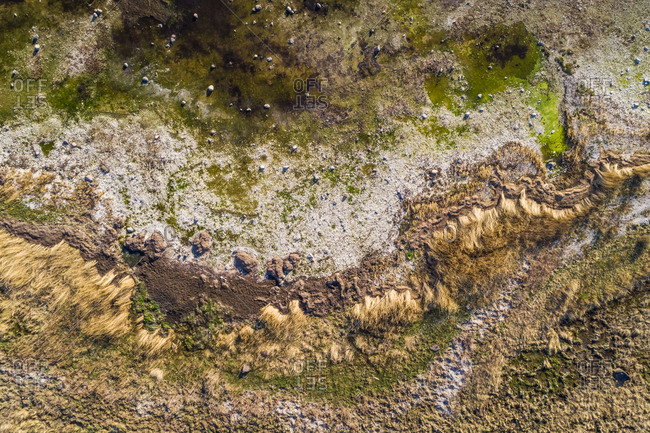 Abstract aerial view of algae beach at wintertime in Forby on the island of Vormsi in Estonia